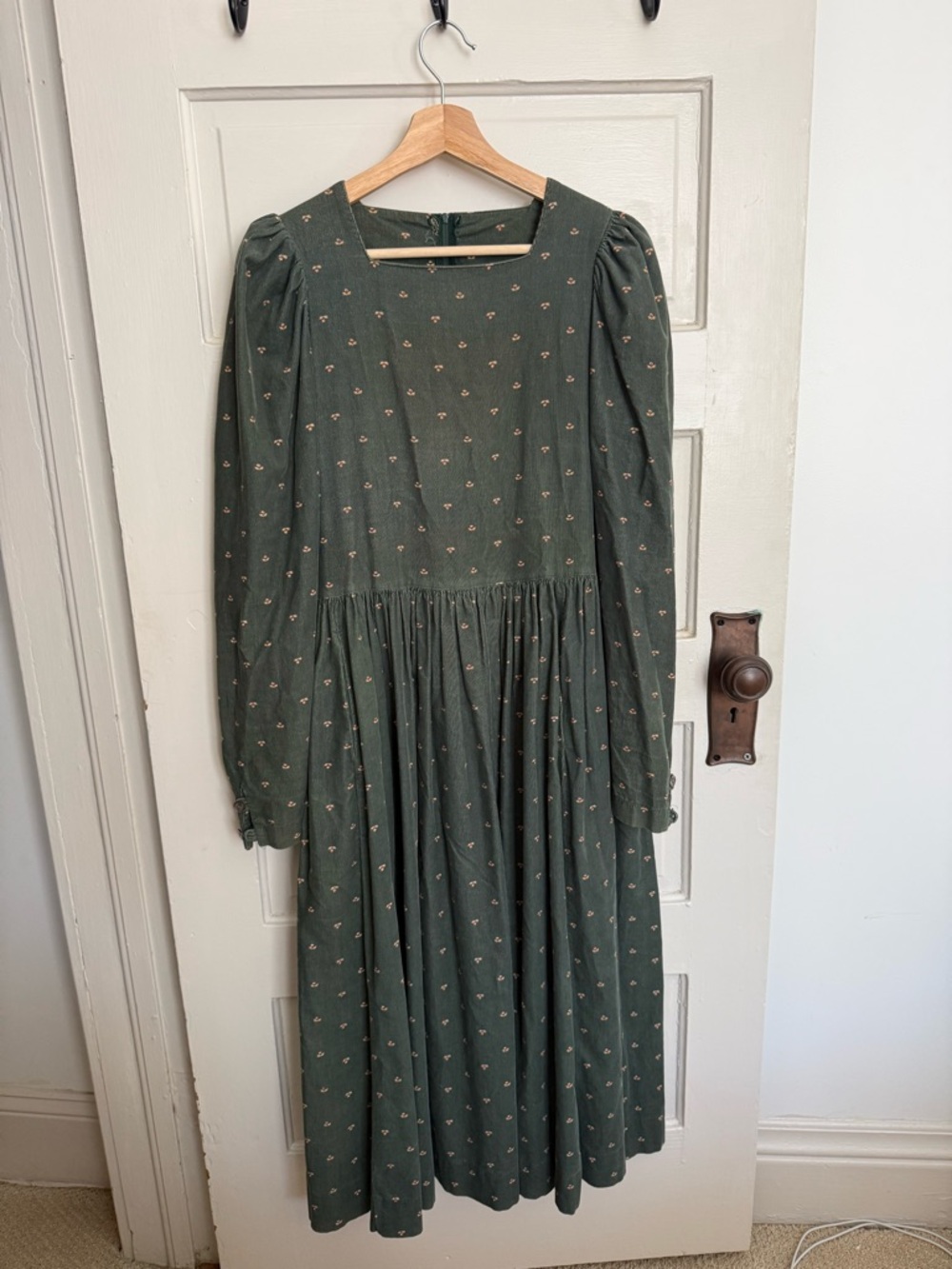 Vintage Laura Ashley Corduroy Green Floral Midi Dress
